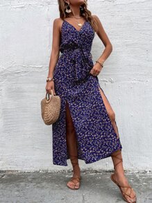 SHEIN VCAY Ditsy Floral Print Slit Hem Belted Cami Dress - Purple - View 3
