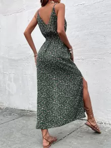 Breezaya Ditsy Floral Print Slit Hem Belted Cami Dress Maxi Vacation Beach Outfits Women - Dark Green - View 2