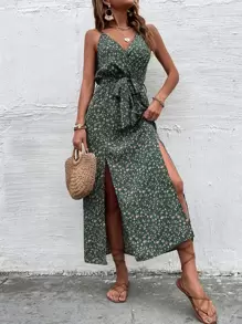 Breezaya Ditsy Floral Print Slit Hem Belted Cami Dress Maxi Vacation Beach Outfits Women - Dark Green - View 3