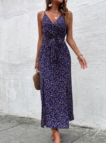 SHEIN VCAY Ditsy Floral Print Slit Hem Belted Cami Dress - Purple - View 5