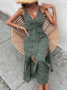 Breezaya Ditsy Floral Print Slit Hem Belted Cami Dress Maxi Vacation Beach Outfits Women - Dark Green - View 4