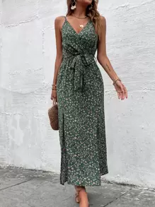 Breezaya Ditsy Floral Print Slit Hem Belted Cami Dress Maxi Vacation Beach Outfits Women - Dark Green - View 5