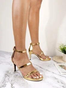 Metallic Stiletto Heeled Ankle Strap Sandals - Gold - View 2