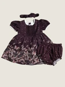 嬰兒印花褶邊泡泡袖洋裝和短褲和頭巾