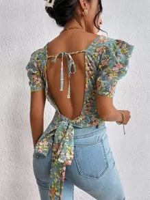 SHEIN VCAY Floral Print Puff Sleeve Backless Blouse - Multicolor - View 1