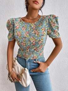 SHEIN VCAY Floral Print Puff Sleeve Backless Blouse - Multicolor - View 2