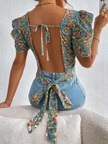SHEIN VCAY Floral Print Puff Sleeve Backless Blouse - Multicolor - View 3