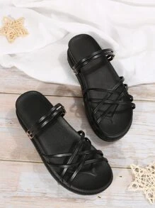 Sandalias de plataforma plana con diseño metal con tira cruzada multidireccional desgaste - Negro - Ver 2