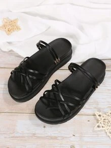 Sandalias de plataforma plana con diseño metal con tira cruzada multidireccional desgaste - Negro - Ver 3