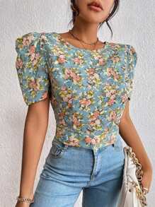 SHEIN VCAY Floral Print Puff Sleeve Backless Blouse - Multicolor - View 4