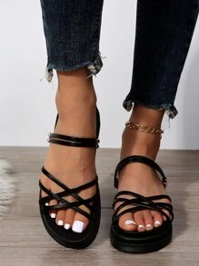 Sandalias de plataforma plana con diseño metal con tira cruzada multidireccional desgaste - Negro - Ver 4