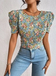SHEIN VCAY Floral Print Puff Sleeve Backless Blouse - Multicolor - View 5