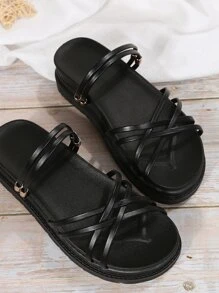 Sandalias de plataforma plana con diseño metal con tira cruzada multidireccional desgaste - Negro - Ver 5