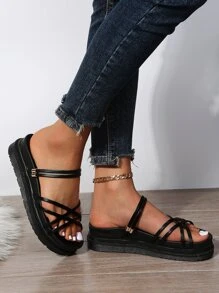 Sandalias de plataforma plana con diseño metal con tira cruzada multidireccional desgaste - Negro - Ver 6