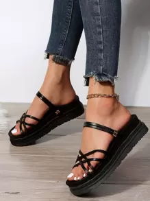 Sandalias de plataforma plana con diseño metal con tira cruzada multidireccional desgaste - Negro - Ver 7