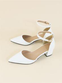 2025秋冬女士尖头粗跟踝带高跟鞋，优雅白色高跟鞋，优雅