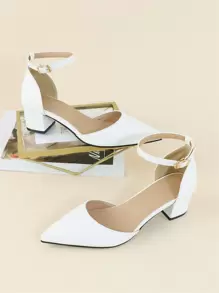 2025秋冬女士尖头粗跟踝带高跟鞋，优雅白色高跟鞋，优雅