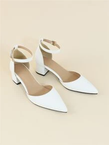 2025秋冬女士尖头粗跟踝带高跟鞋，优雅白色高跟鞋，优雅