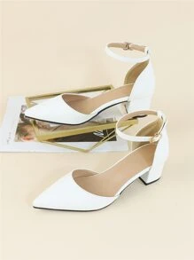 2025秋冬女士尖头粗跟踝带高跟鞋，优雅白色高跟鞋，优雅