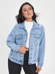 SHEIN Essnce 破洞翻蓋細節牛仔夾克 - 淺色水洗藍 - 查看 4