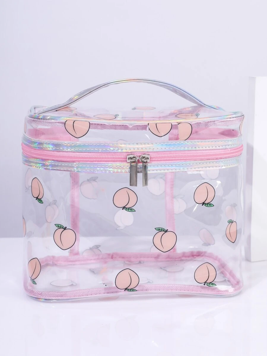 1个大容量透明印花化妆包，便携式防水PVC化妆包，旅行便捷收纳袋，美妆工具整理收纳盒，化妆品收纳盒，女士礼物，圣诞礼物，女士送礼佳品 - 粉色 - 查看 1