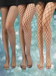 ROMWE Goth 3pairs Solid Fishnet Tights - Black - View 1