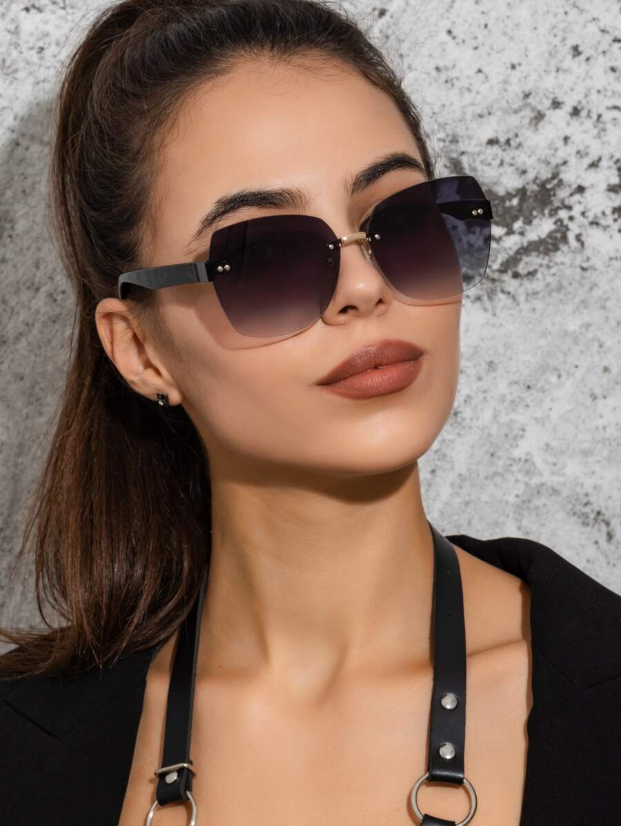 1 pieza Gafas de mujer con montura sin patillas, cuadradas, de color degradado, simples y casuales, con remaches de estilo retro de alta gama, de moda INS, accesorios de viaje y playa para mujeres, a juego para atuendos de mujer de negocios casuales, regalos para vacaciones de verano, playa, exterior y viajes - Degradado - Ver 1
