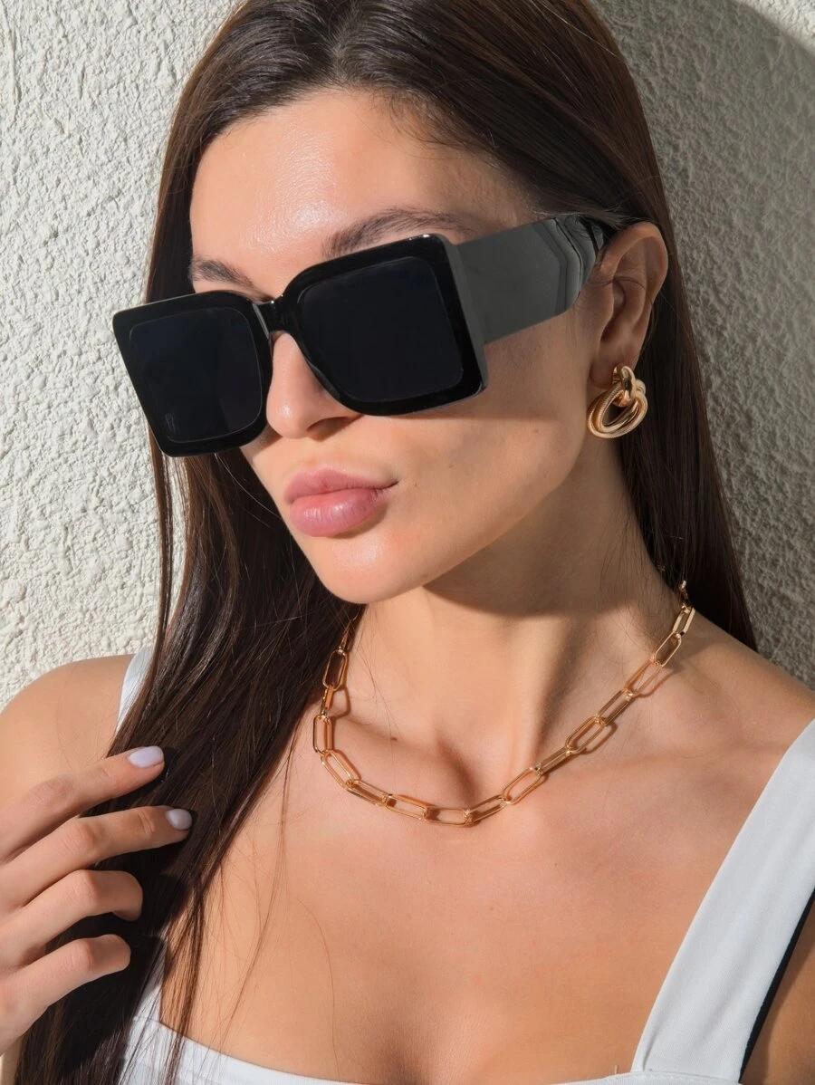 1 pieza Gafas de marco de plástico grande cuadrado vintage, de moda casual unisex, para accesorios de viaje y playa para mujeres, básicas para atuendos de mujer de temporada de otoño e invierno, regalos casuales de oficina para vacaciones de verano, playa, exteriores y viajes - Gris Oscuro - Ver 1