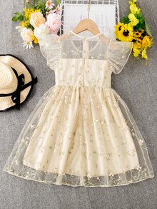 SHEIN 女小童花卉刺繡前蝴蝶結蝴蝶袖派對禮服