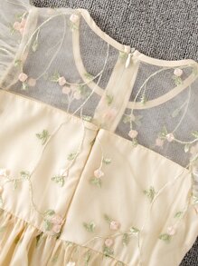 SHEIN 女小童花卉刺繡前蝴蝶結蝴蝶袖派對禮服