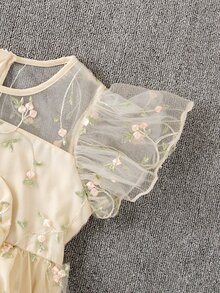 SHEIN 女小童花卉刺繡前蝴蝶結蝴蝶袖派對禮服