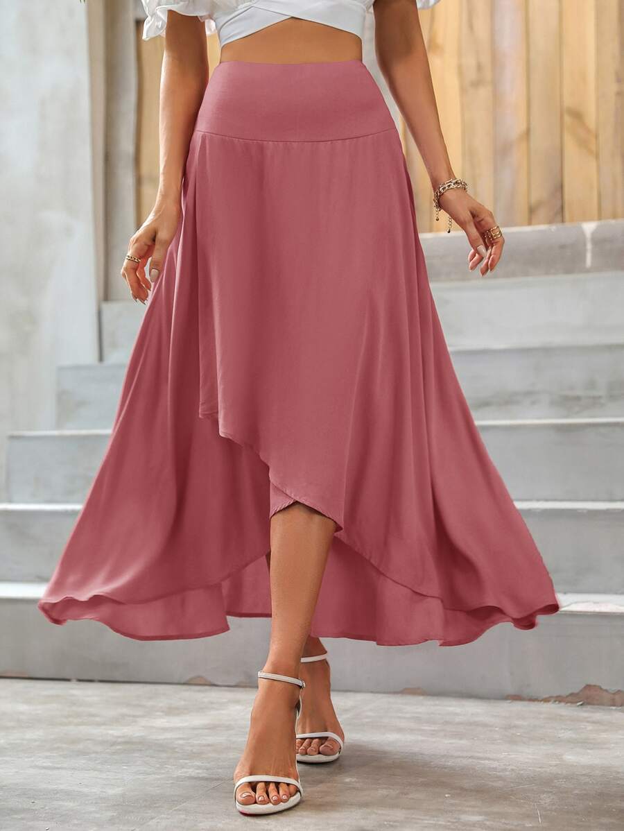 SHEIN VCAY High Waist Asymmetrical Hem Skirt - Watermelon Pink - View 1