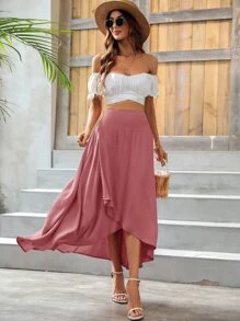 SHEIN VCAY High Waist Asymmetrical Hem Skirt - Watermelon Pink - View 3