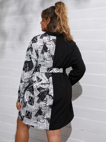 Calvaya Plus Newspaper Print Drop Shoulder Longline Shirt - Black and White - View 2