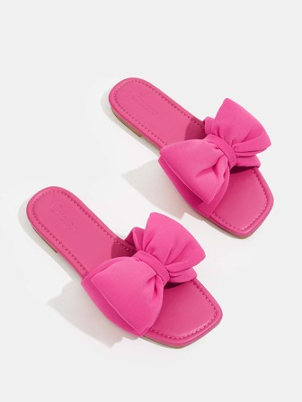 Cuccoo Woman Shoes Fashion Bow Decor Square Toe Lightweight Hot Pink Slide Sandals For Spring And Summer Vacation Shoes Summer Back To School Shoes College Student Shoes Spring Shoes Spring Break Easter