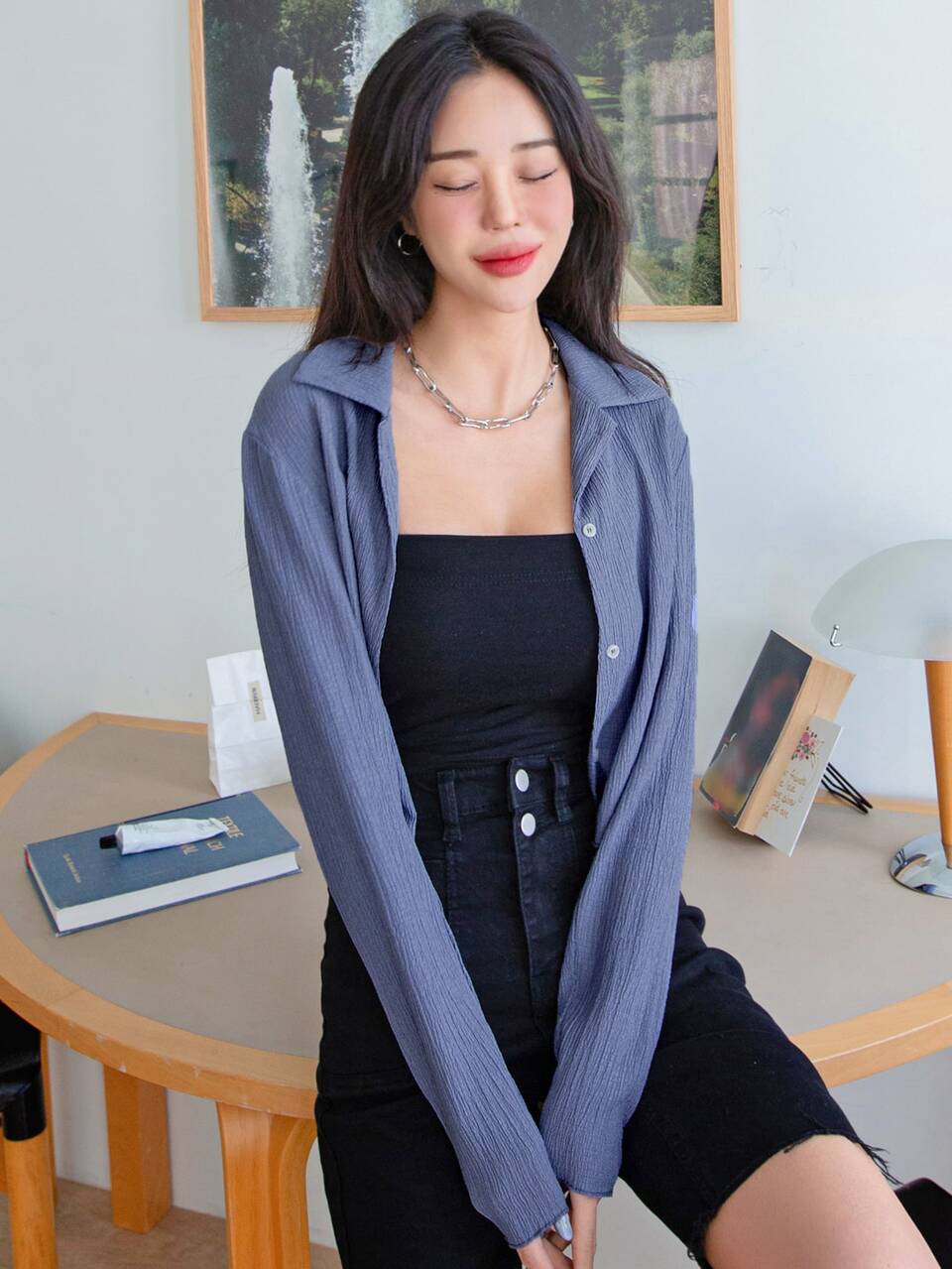 Button Through Textured Crop Shirt