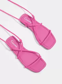 Styleloop Women Hot Pink Strappy Sandals, Funky Solid Outdoor Fabric Lace Up Flat Sandals - Hot Pink - View 5