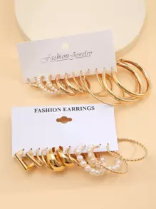 12 對人造珍珠裝飾扭紋設計圈形耳環