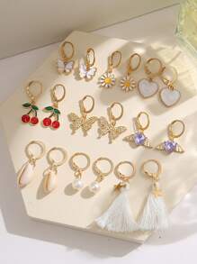 9 pares Pendientes largos con mariposa & con cereza - Multicolor - Ver 2