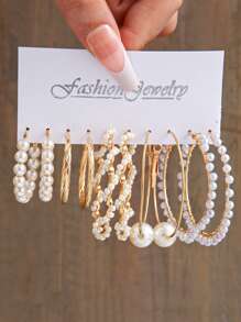 5pairs Faux Pearl Decor Hoop Earrings - Yellow Gold - View 1