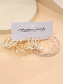 5pairs Faux Pearl Decor Hoop Earrings - Yellow Gold - View 2