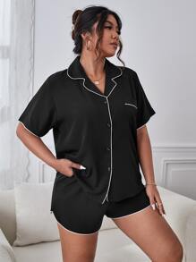 Plus Contrast Piping Patched Pocket PJ Set - Black - View 1