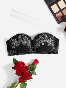 Plus Floral Lace Underwire Bra With 1pair Transparent Strap - Black and White - View 1