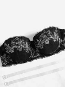 Plus Floral Lace Underwire Bra With 1pair Transparent Strap - Black and White - View 5