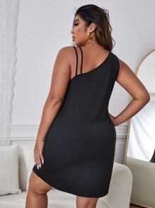 Plus Lip Print Asymmetrical Neck Nightdress - Black - View 2