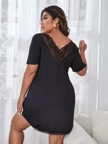 Plus Contrast Lace Curved Hem Pajama Nightdress - Black - View 1