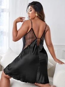 Plus Dobby Mesh Insert Draped Satin Cami Nightdress - Black - View 1