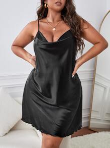Plus Dobby Mesh Insert Draped Satin Cami Nightdress - Black - View 2