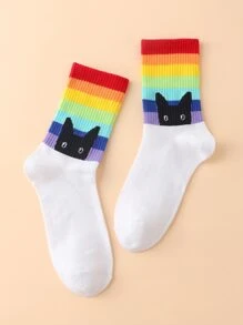 彩虹條紋印花中筒襪 - 彩色 - 查看 2
