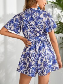 SHEIN VCAY Áo liền quần nữ Thắt lưng Trọn gói Hoa Tất cả trên in Boho - Xanh và trắng - Xem 3
